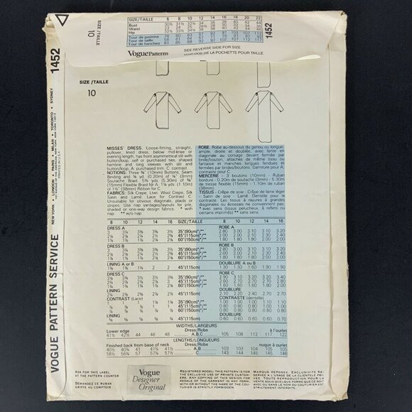 Vogue Designer Original 1452 Bellville Sassoon Dress Sewing Pattern Sz 10 Uncut - Picture 2 of 3